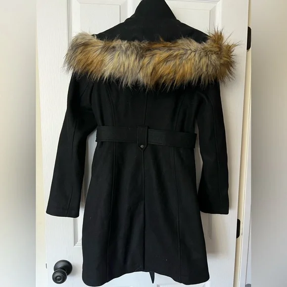 RACHEL Rachel Roy Black Wool Blend Trench Coat with Fur Trim - Picture 3 of 11